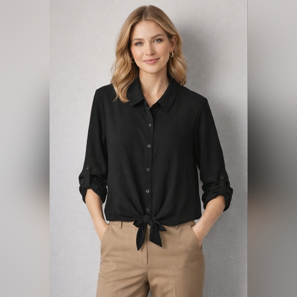 Simply Vera Wang XL Black Blouse Tie Front Minimalist Chic Capsule Work Top - Picture 3 of 10